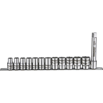 13 piece 1/2 inch drive stainless steel socket set with 6 point sockets on clip rail