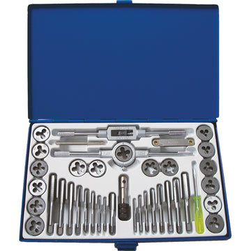 ProEquip 39pc compact tap and die set with metric and SAE sizes, metal carry case, and accessories