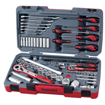 Teng TM095 95-piece metric socket and tool set with 1/4in and 1/2in drive sockets, ratchets, extensions, screwdrivers, and bits in plastic carrying case