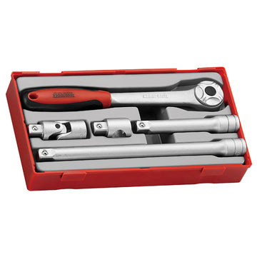 Teng 1/2 inch square-drive ratchet handle set with universal joint adaptor and extension bars in TC-Tray