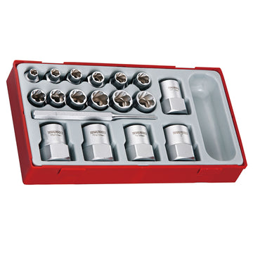 Teng stud extractor socket set in TC-Tray with 3/8 and 1/2 drive sockets and parallel pin punch