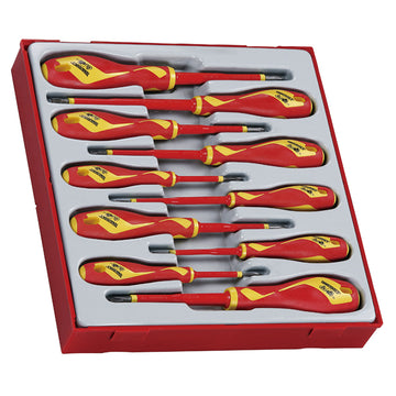 Teng 10-piece 1000V VDE insulated screwdriver set in modular tray with flat, Phillips and Pozidriv heads