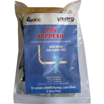 UCC Pipe Repair Kit 100mm x 4.8m roll with bandage, latex gloves and epoxy putty
