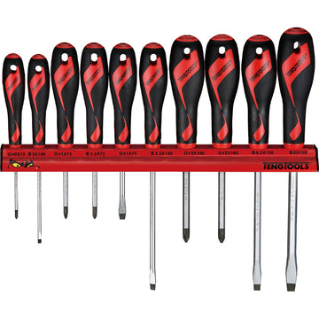 Teng 10-piece screwdriver set with wall-mounted rack, showing slotted, Phillips and Pozidriv screwdrivers