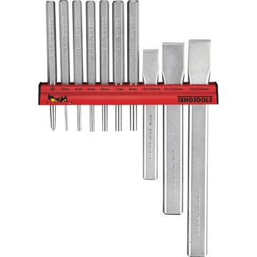 Teng 10-piece punch and chisel set with wall-mounted rack, showing parallel pin punches, cold chisels, and centre punch