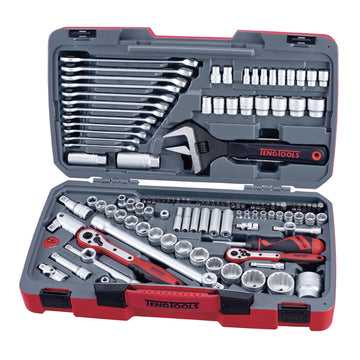Teng 127-piece socket and tool set in plastic carrying case with latch lid and retractable handle