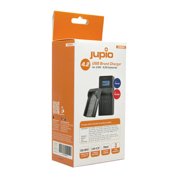 Jupio Panasonic brand USB battery charger with LCD display and interchangeable plates