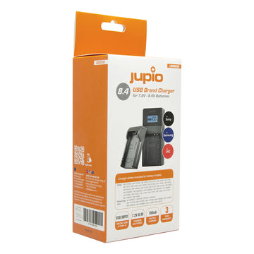 Jupio Sony 7.4V–8.4V USB battery charger with LCD display and interchangeable plates