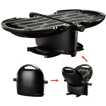 NomadiQ portable gas BBQ in black, folded with carry straps