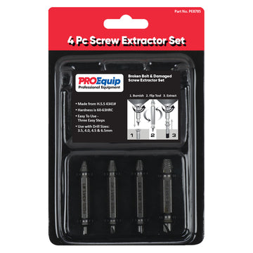 ProEquip 4 piece screw extractor set with four high speed steel bits