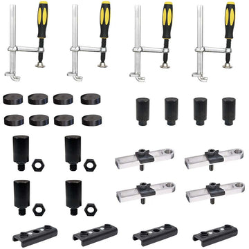 Stronghand FixturePoint 28 piece clamp and component kit laid out showing clamps, stops, adaptors and magnetic buttons