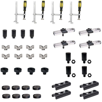 Stronghand FixturePoint 40 piece clamp and component kit laid out showing clamps, stops, V-blocks and adaptors