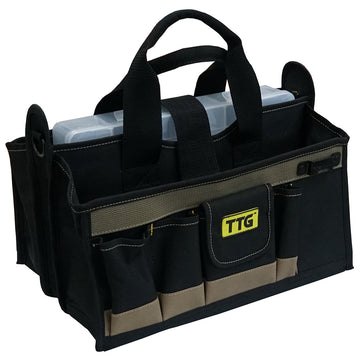 TTG 16in open-top centre tray tool bag with shoulder strap and carry handles