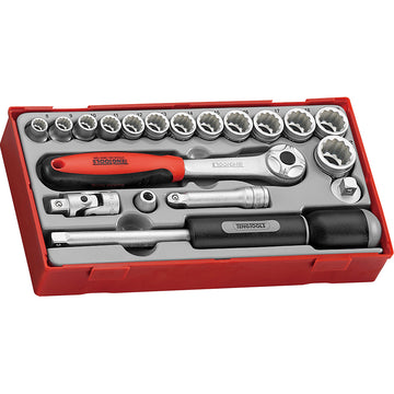 Teng 19-piece 3/8 inch drive socket and accessory set in tool tray, 8–22 mm 12-point sockets