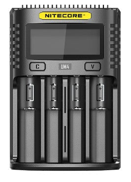 Nitecore UM4 four-slot USB battery charger with LCD display