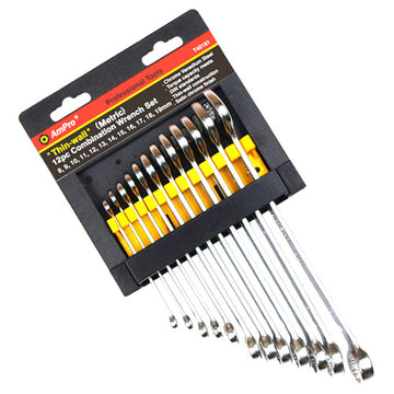 AmPro 12-piece combination wrench set laid out, sizes 8–19 mm