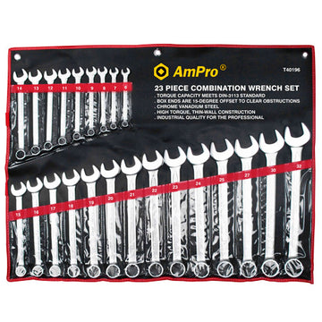 AmPro 23-piece combination wrench set 6–32 mm with satin chrome finish