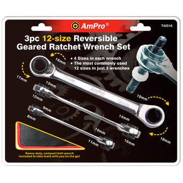 AmPro reversible geared wrench set, three double-ended pieces with thin profile heads