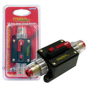 100 amp inline circuit breaker with red rubber inserts and gold Allen key fittings