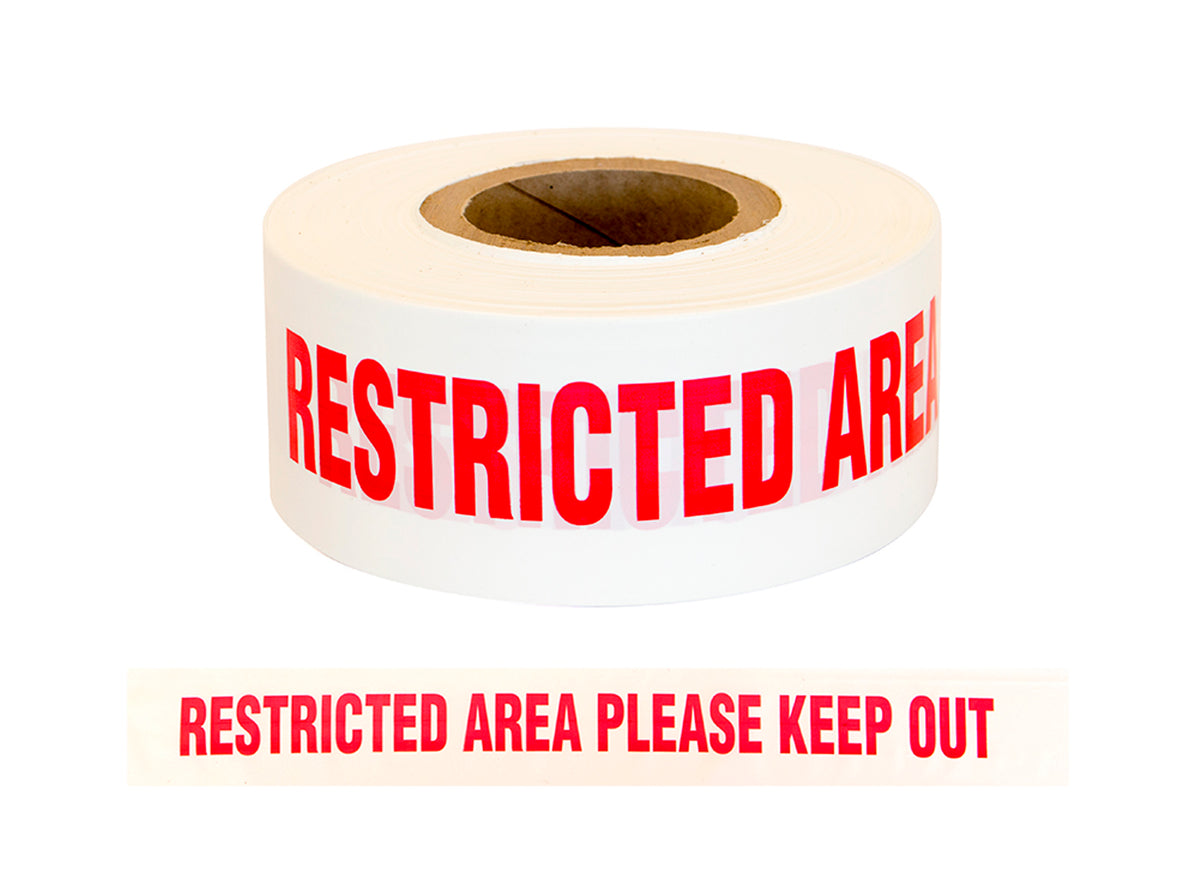 Esko PE Barrier Warning Tape - RESTRICTED AREA PLEASE KEEP OUT 75mm X 250M (White)