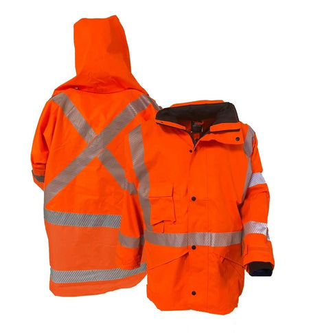 Clearance - Hi Vis Rain Jacket W/Hood PU Coated Orange-Size 6XL | Esko