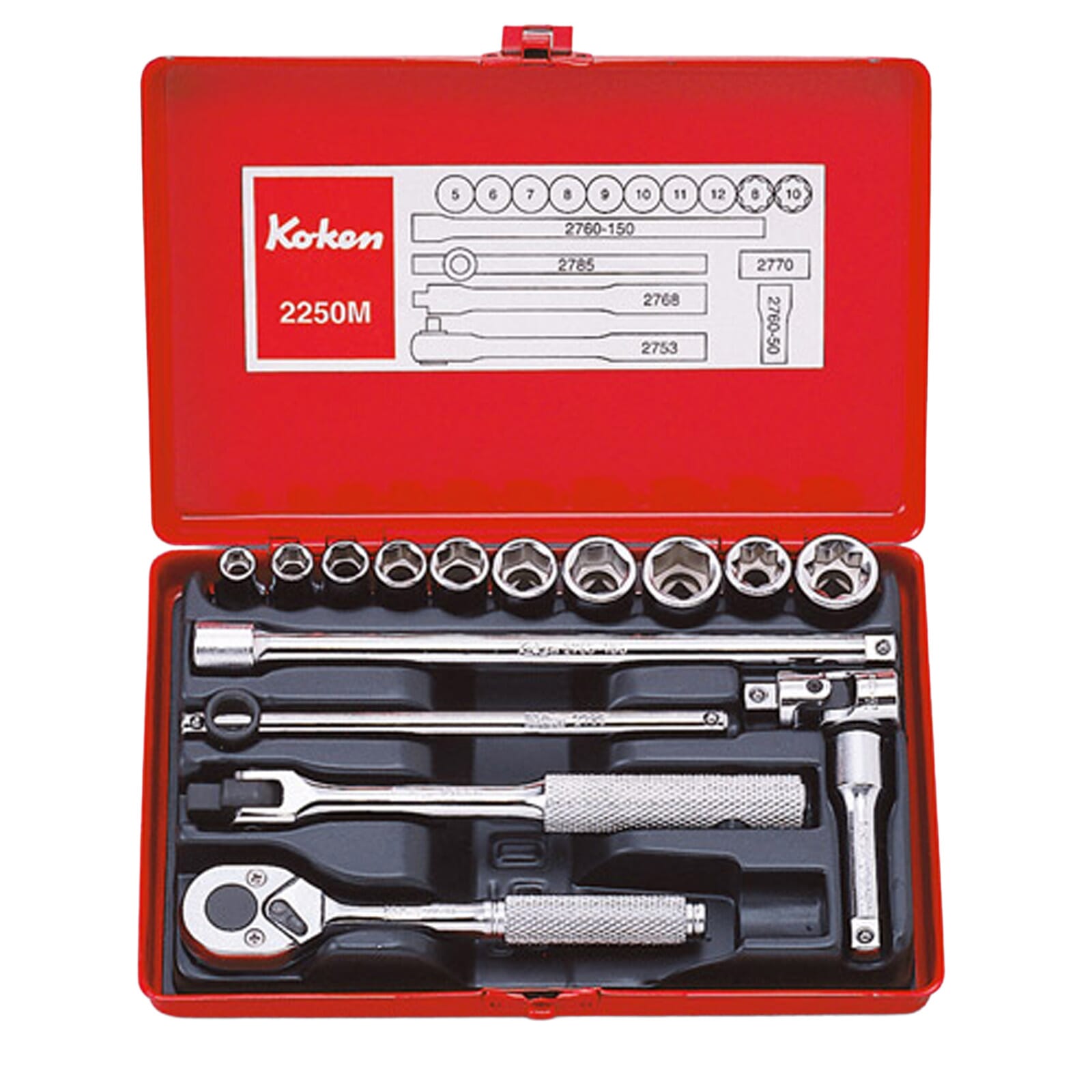 Koken 2250M Socket Set 16pc 1/4"Dr 5-12mm 6pt and 8 & 10mm 8pt | Hobeca