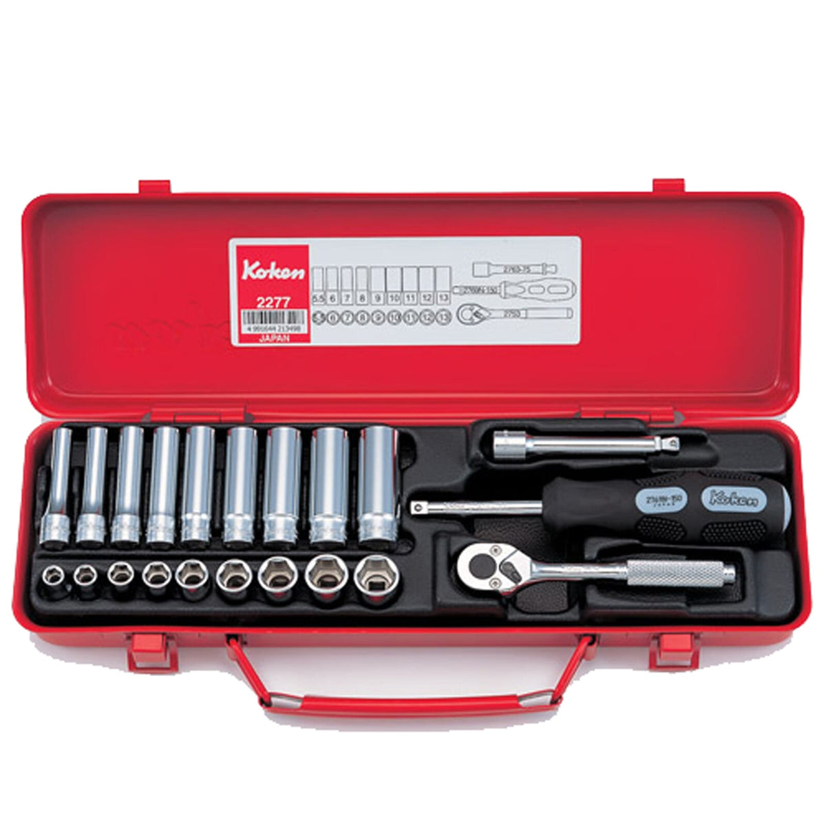 Koken 2277 Std & Deep Socket Set 6pt 21pc 1/4"Dr 5.5-13mm | Hobeca