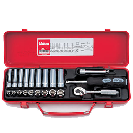 Koken 2277 Std & Deep Socket Set 6pt 21pc 1/4"Dr 5.5-13mm | Hobeca