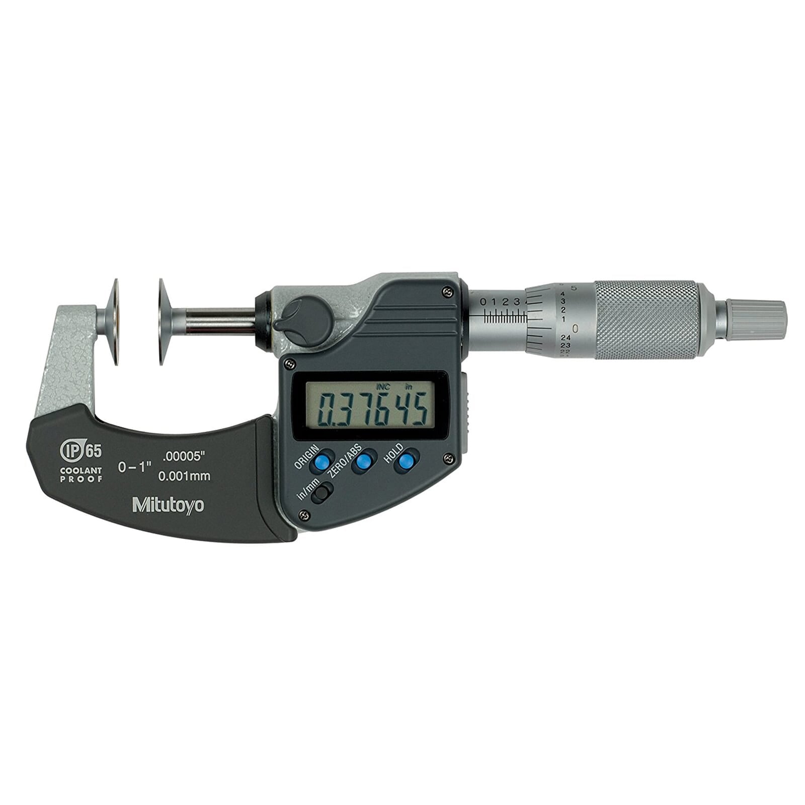 Mitutoyo Digimatic digital disk micrometer with LCD display and ratchet thimble