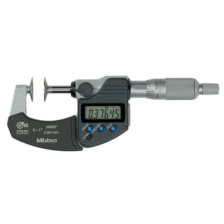 Mitutoyo Digimatic digital disk micrometer with LCD display and ratchet thimble