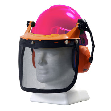 TUFF NUT Forestry Combo Kit hard hat in pink with integrated earmuffs, browguard and mesh visor