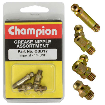 Champion 4-piece 1/4in UNF grease nipple assortment with straight, 90 degree and 45 degree fittings