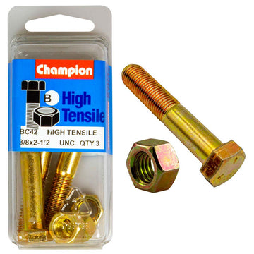 Champion Grade 5 bolt and nut set, 3/8 UNC x 2-1/2in, zinc plated, pack of 6