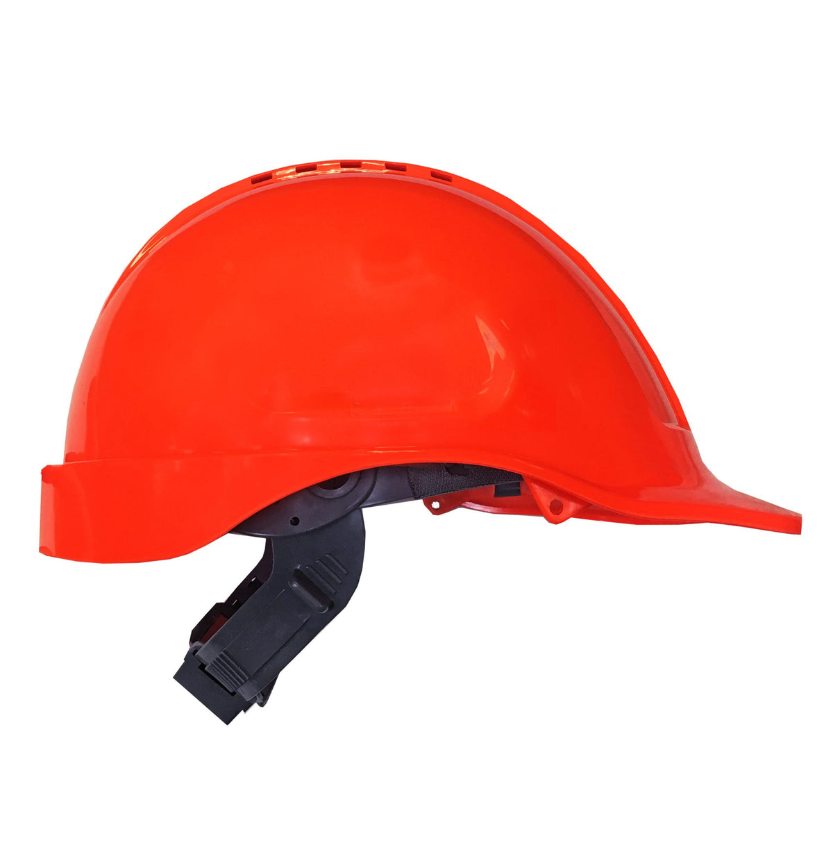 Fluoro orange mid-peak hard hat with vented shell and pushlock harness