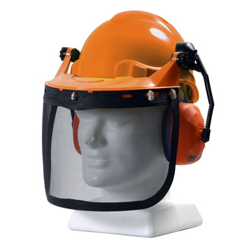 TUFF NUT Forestry Combo Kit orange hard hat with integrated earmuffs, browguard and mesh visor