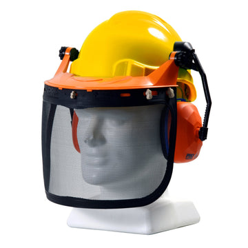 TUFF NUT Forestry Combo Kit yellow hard hat with integrated earmuffs, browguard and mesh visor