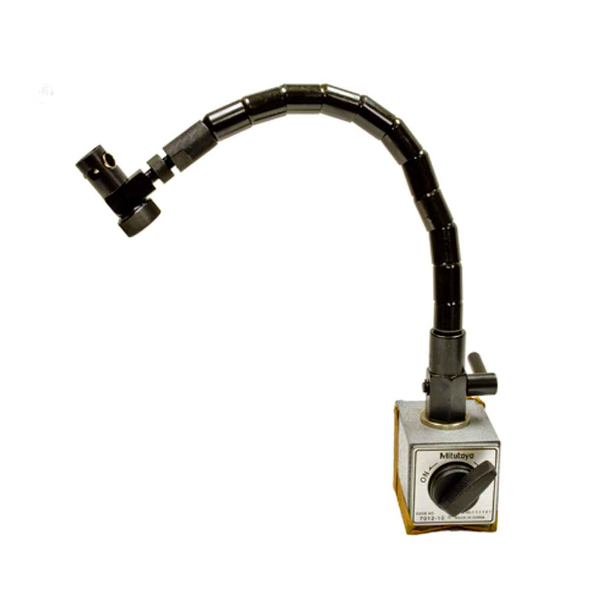 Mitutoyo magnetic stand with flexible shaft and dial indicator mounted on steel surface