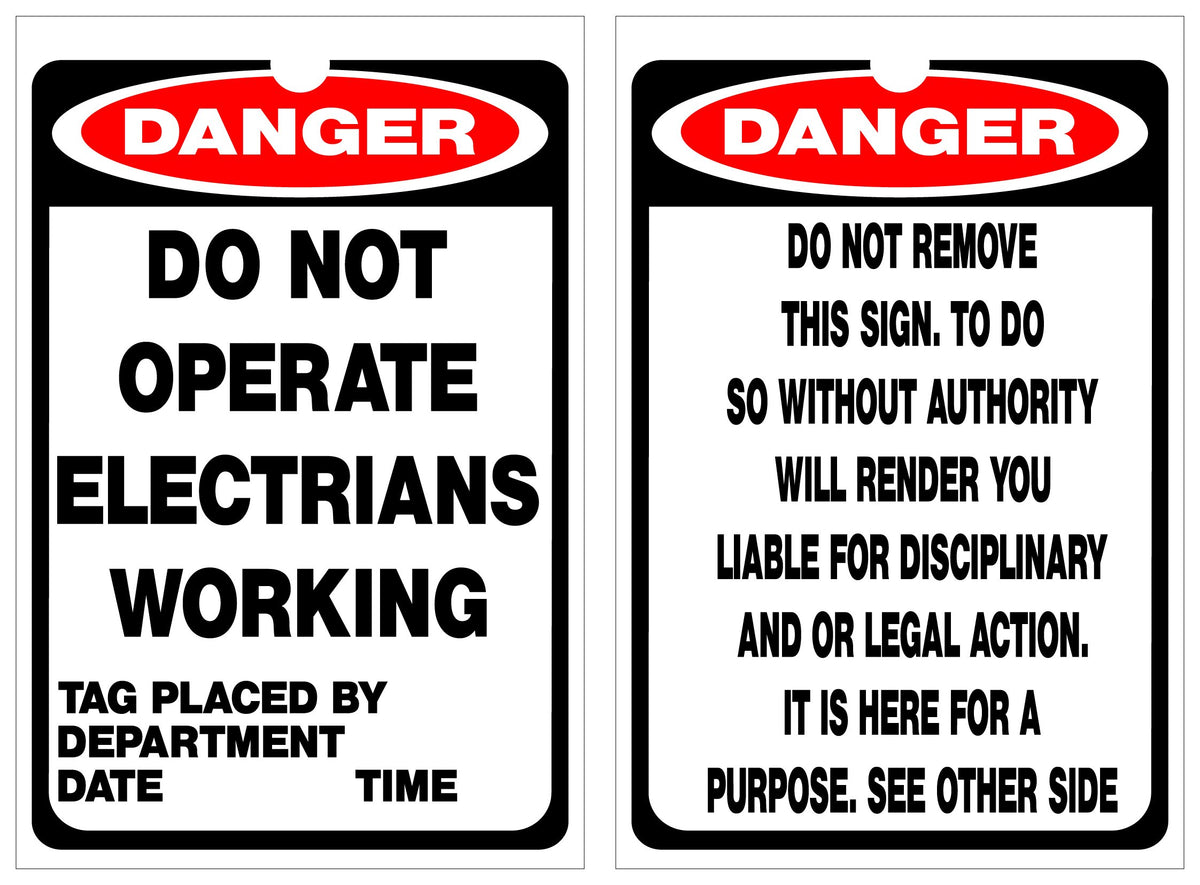 ISOLOCK lockout tag with Do Not Operate Electricians Working text, 90 mm by 135 mm
