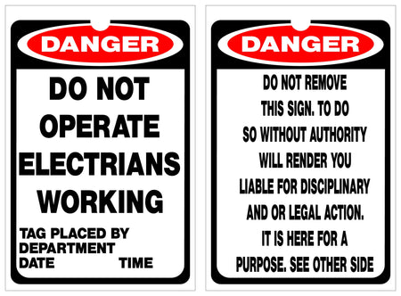 ISOLOCK lockout tag with Do Not Operate Electricians Working text, 90 mm by 135 mm