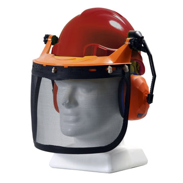 TUFF NUT Forestry Combo Kit red hard hat with integrated earmuffs, browguard and mesh visor