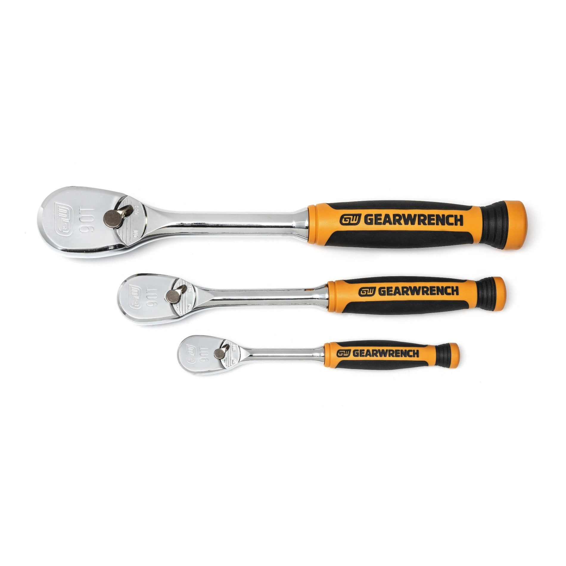 Gearwrench® 3Pc 1/4, 3/8 & 1/2 in. Drive 90-Tooth Dual Material Teardrop Ratchet Set | Accent Tools