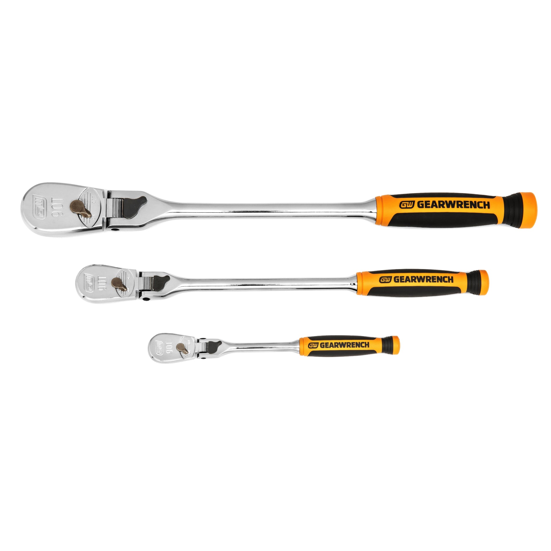 Gearwrench® 3Pc 1/4in., 3/8in. & 1/2in. Drive 90-Tooth Dual Material Locking Flex Head Ratchet Set | Accent Tools