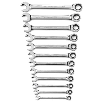 GEARWRENCH 12-piece metric open-end ratcheting wrench set 8–19 mm with storage rack