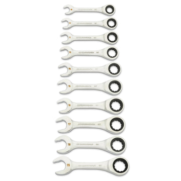GEARWRENCH 10-piece metric stubby ratcheting combination wrench set with 90-tooth box ends