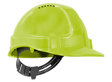 TUFF-NUT hard hat neon yellow short peak vented 6-point PinLock harness front view