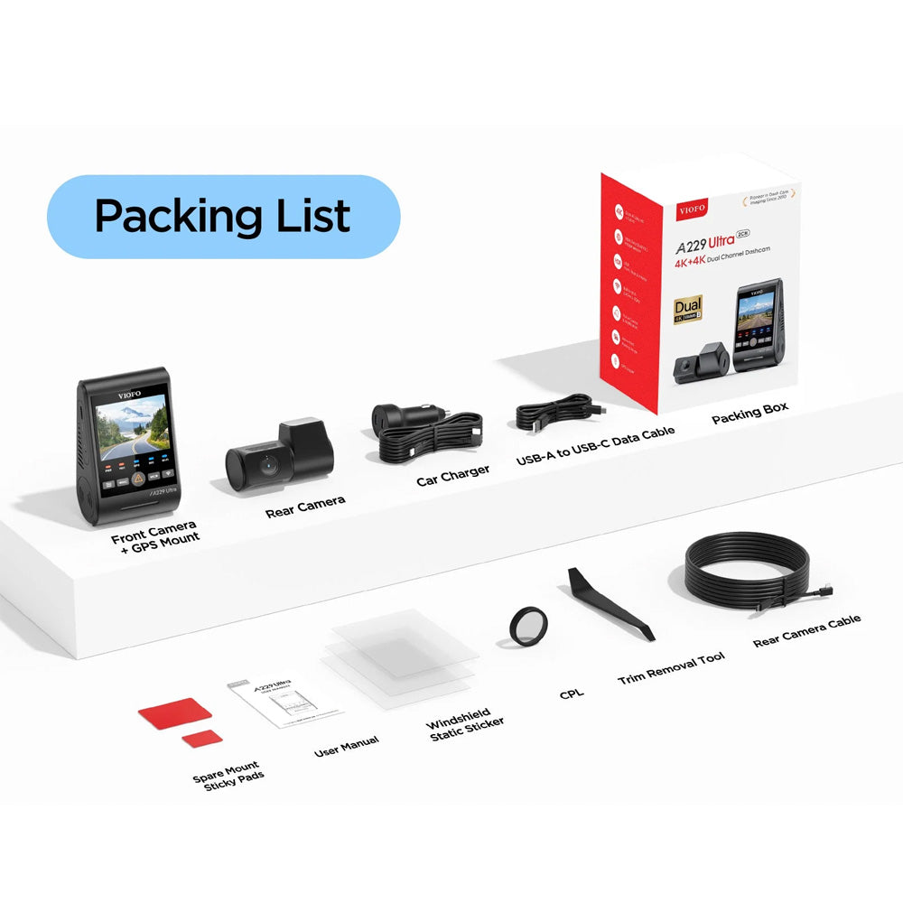 Viofo Dashcam A229 Ultra 4K Front + 4K Rear 5Ghz Wifi + Gps