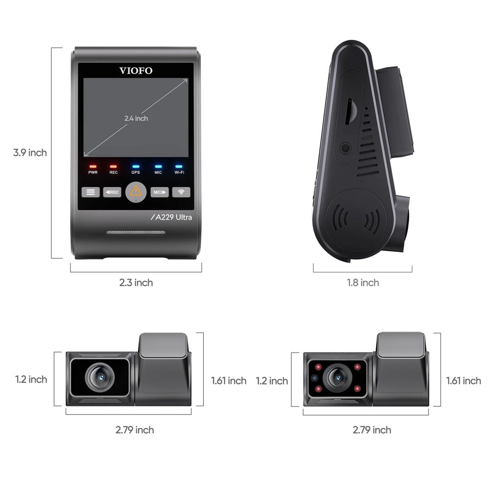 Viofo Dashcam A229 Ultra 4K Front + 4K Rear + 1080P Internal 5Ghz Wifi + Gps