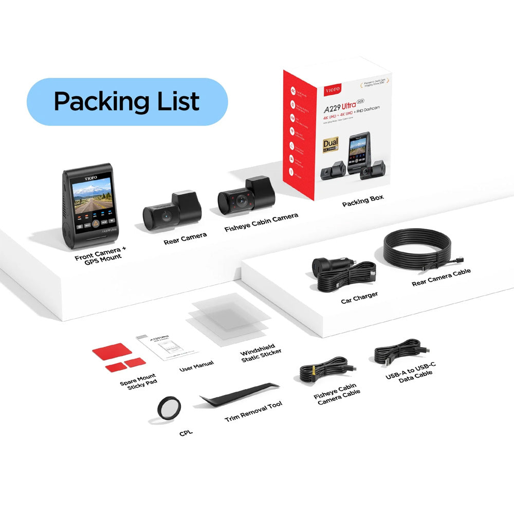 Viofo Dashcam A229 Ultra 4K Front + 4K Rear + 1080P Internal 5Ghz Wifi + Gps