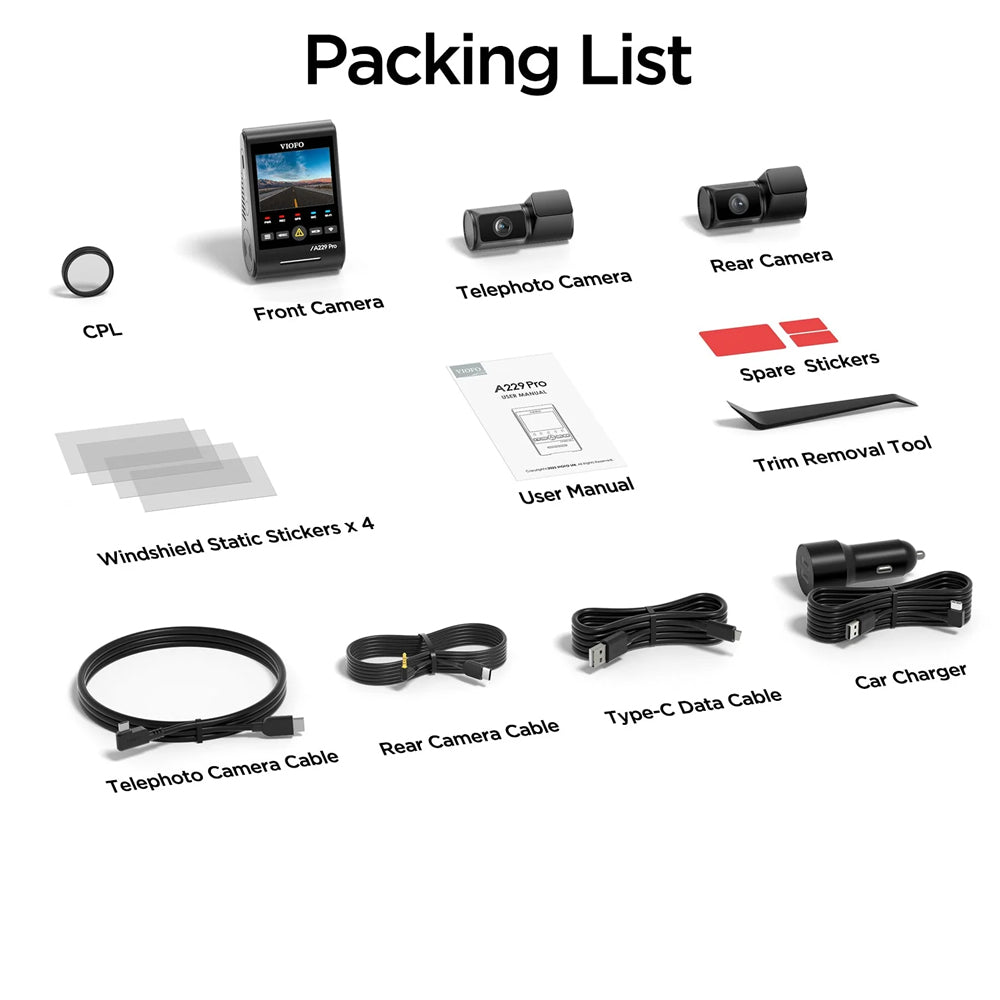 Viofo Dashcam A229 Pro 4K Front + 2K Rear + 2K Telephoto 5Ghz Wifi + Gps