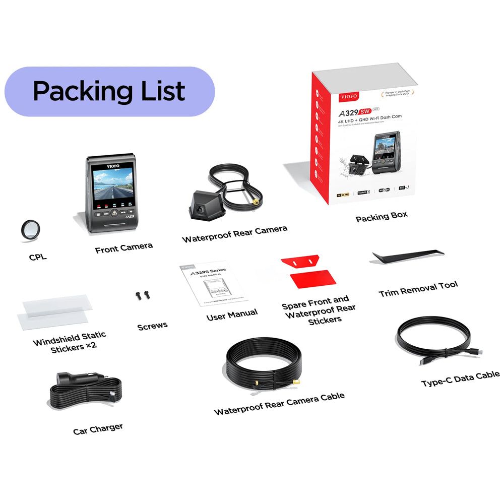 Viofo Dashcam A329 4K Front + 2K Waterproof Rear Wifi 6 Gps